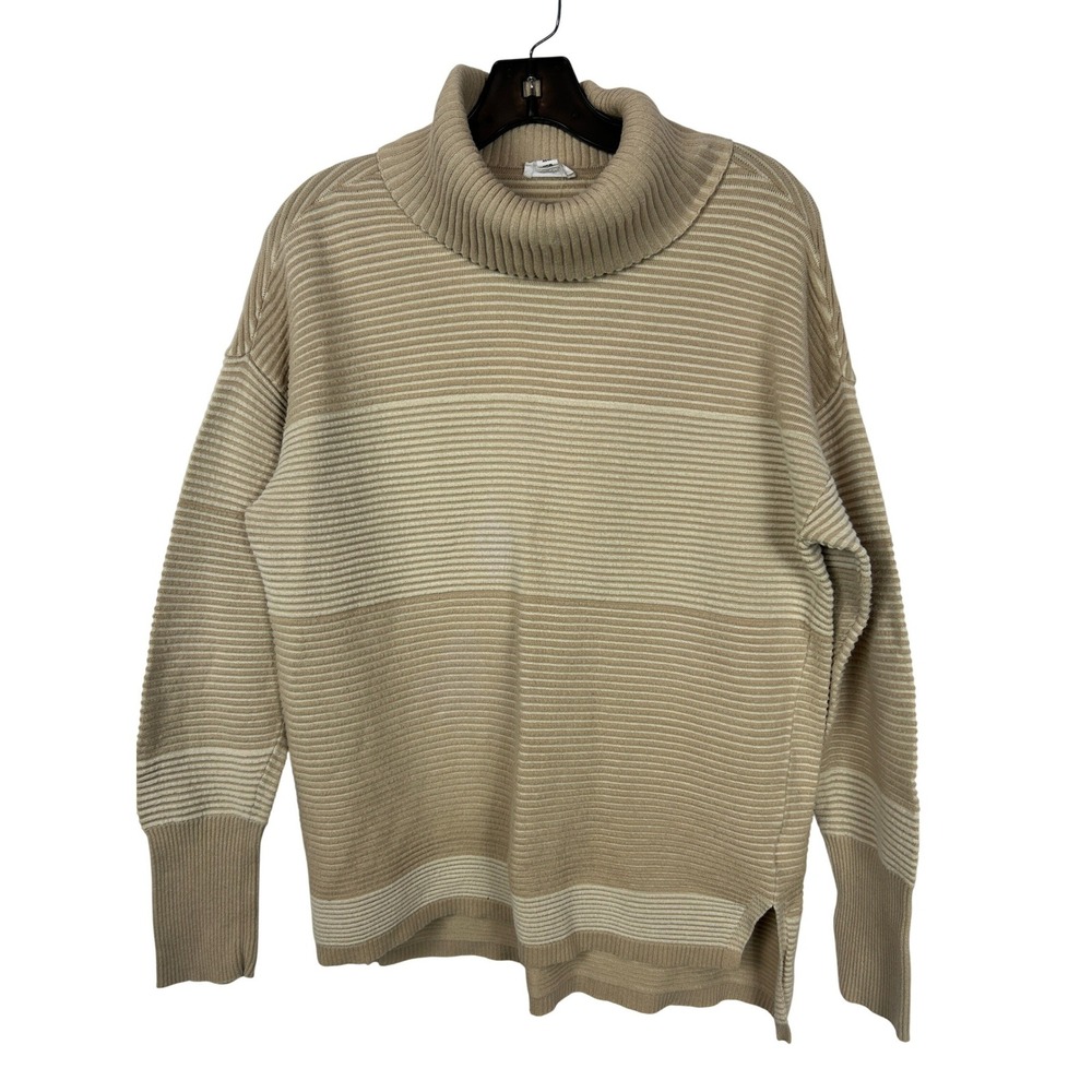 Neutral Tan Turtleneck Tribal Jeans Beige Striped Sweater Ribbed Knit Medium